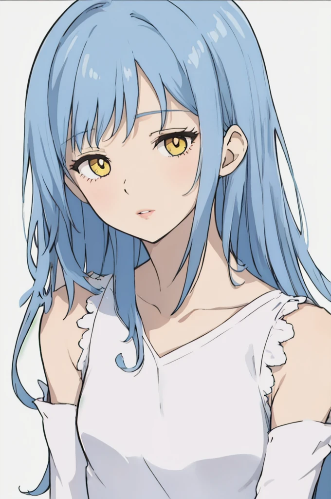 anime style, 1girl, light blue hair, long hair, yellow eyes, shy expression, white sleeveless dress, light purple sleeves, lips,, portrait,, white background