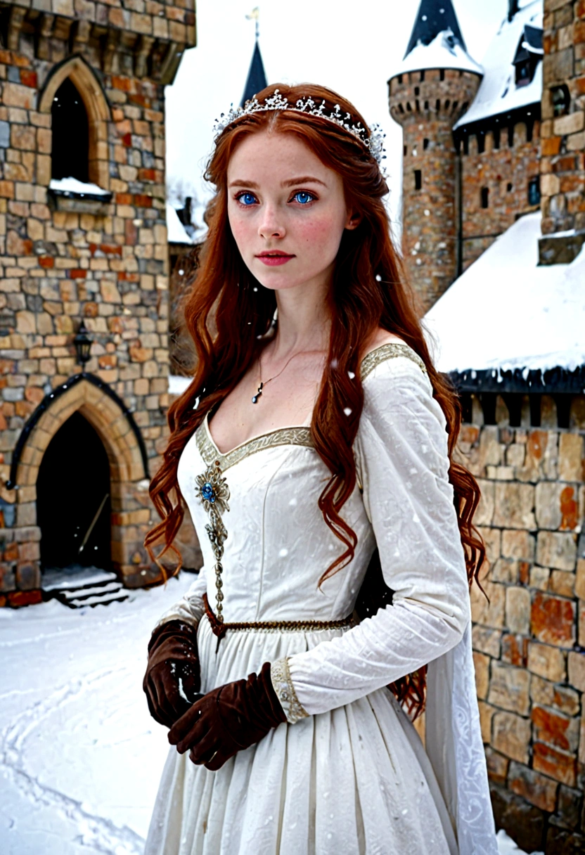 Girl, 20 years, beautiful, high cheekbones, deep blue eyes, thick soft auburn hair, tall, graceful, womanly, white medieval dress, it is snowing, she is playing in the snow, building a castle of snow