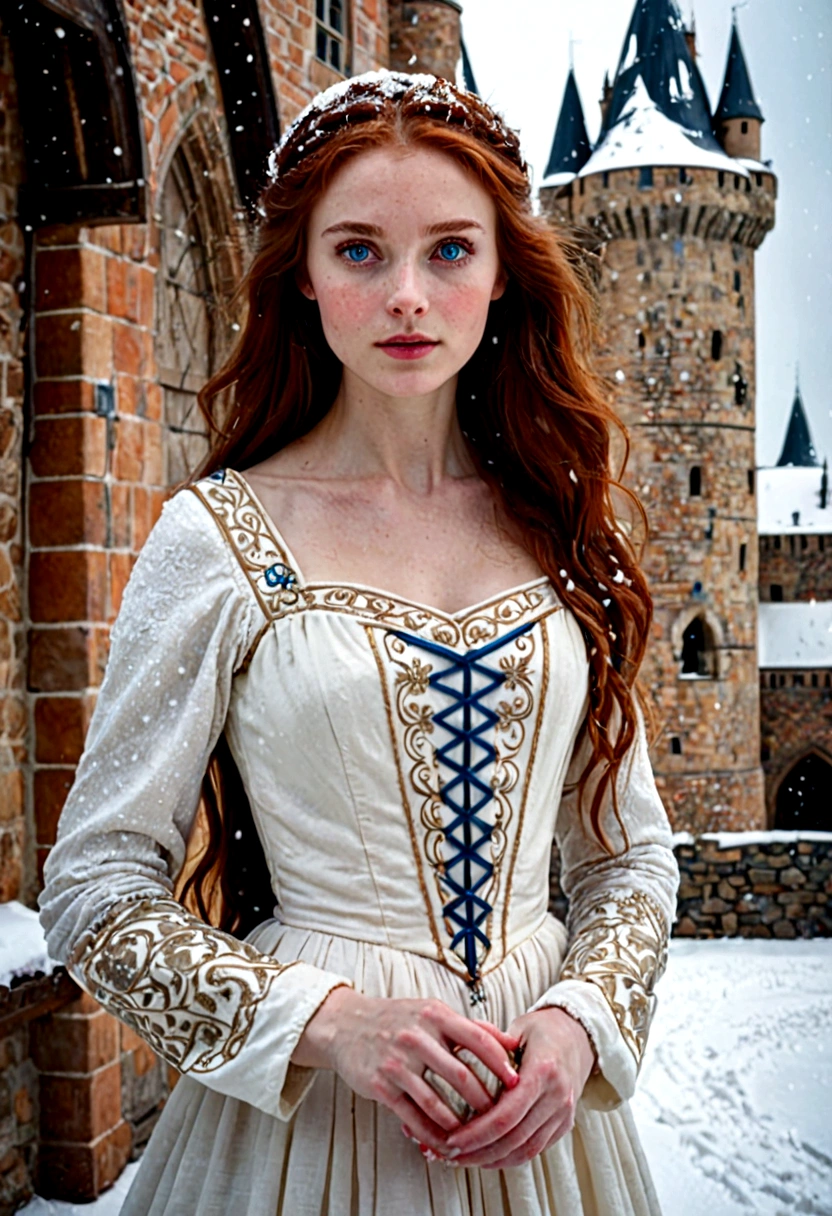 Girl, 20 years, beautiful, high cheekbones, deep blue eyes, thick soft auburn hair, tall, graceful, womanly, white medieval dress, it is snowing, she is playing in the snow, building a castle of snow
