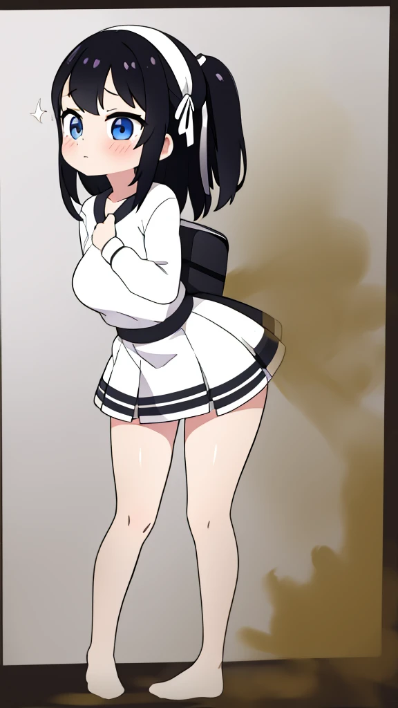 cute girl, farting, black and white, leaning forward, standing, leaning towards camera, front view, 1 girl in focus