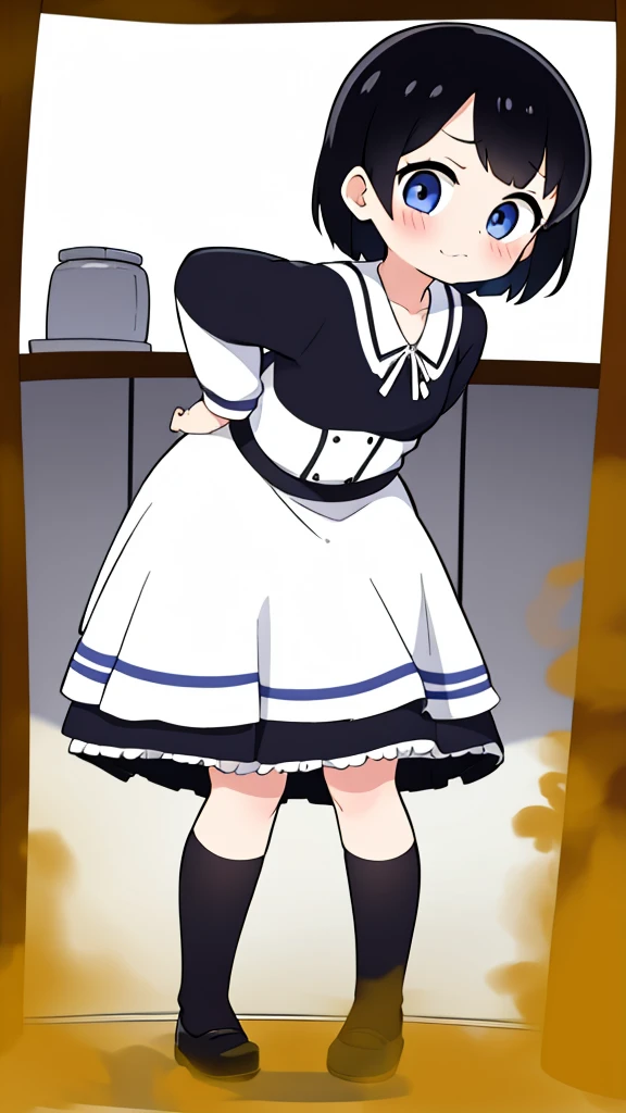 cute girl, farting, black and white, leaning forward, standing, leaning towards camera, front view, 1 girl in focus