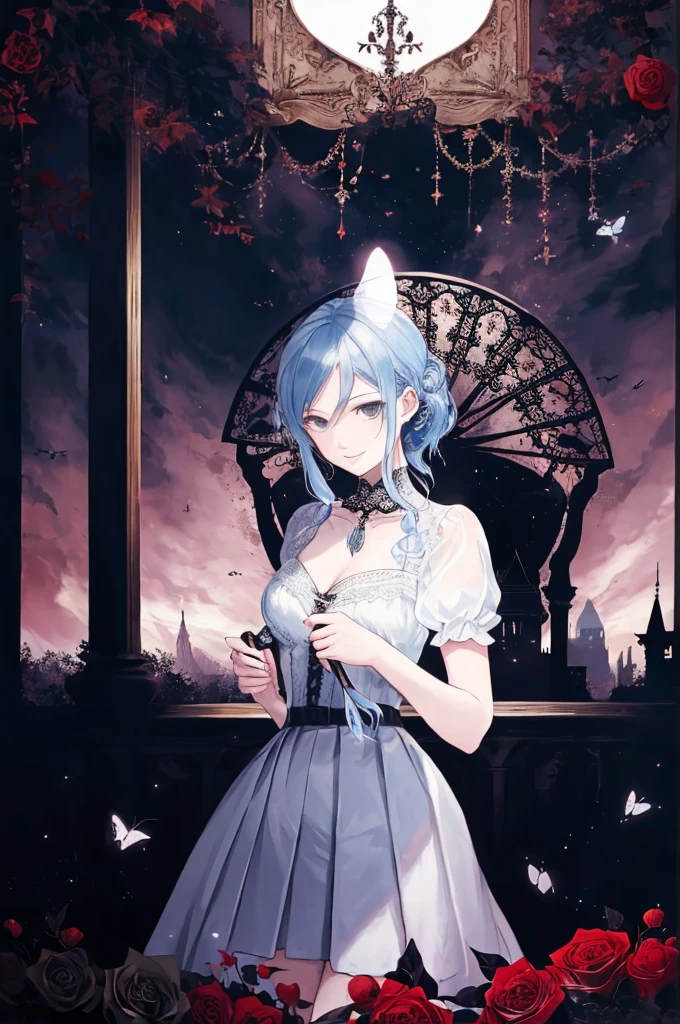  ((best quality)), ((masterpiece)), (detailed), 1girl, Character design, female, dynamic poses, long blue hair, grey white eyes, very skinny, detailed, best quality, no accesoires around the neck, prominent collarbones, skinny arms, full body, blank white background, plain background, white background, ((red and white clothing)), Bloodborne inspired, occult aesthetic, occult, detailed and intricate steampunk and detailed gothic, Very dramatic and cinematic lighting, cosmic horror, grim-dark, side-lighting, perfect face,  Fluttering lace flared long knee length dress with frilly petticoats, knee length dress, pleated petticoats, petticoats gothic, complex lace boots, side-lighting, gothic aesthetic, wielding a mighty sword with mechanical components, mandalas, small breasts, a fairy, various different types of insect wings,full body, whole body, white holy clothes,white holy clothes,((evil smile)),blue hair,