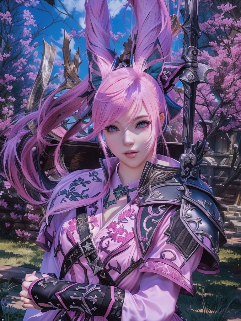 Closeup of a costumed person with pink hair, final fantasy style 14, Final Fantasy 1 4, Final Fantasy 1 4 screenshot, ffxiv cielo, Final Fantasy XIV, ffxiv, final fantasy 14 sharp, thinning pink hair, Pink hair and cyan eyes., character close up, character closeup, female character with bigger eyes and with a bow on her back you can make a very beautiful forest environment detalla su arco de atras que tenga una cara seductora podrias hacerle la cara mas bella