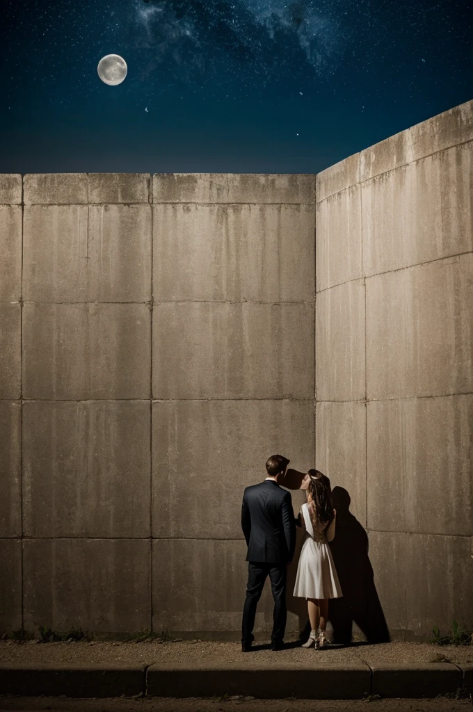 A image of star crossed lovers at different end of a wall of full moon night and the image must be ratio of 9:16 ratio