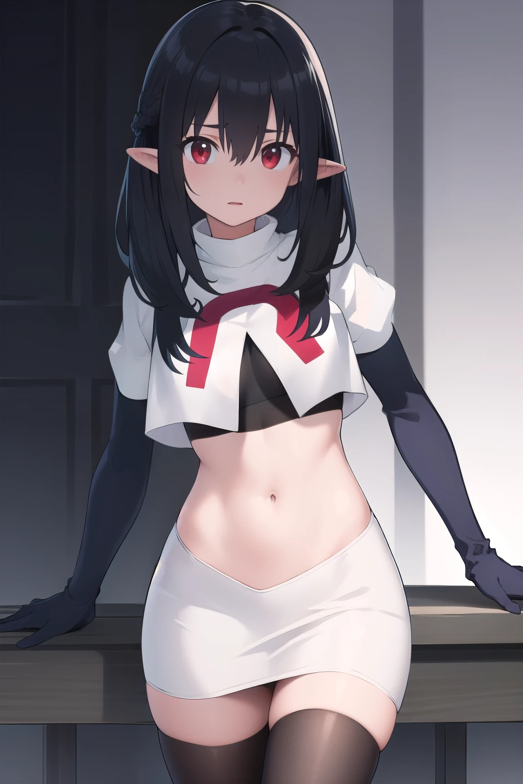 ((masterpiece)),(best quality),official art,extremely detailed CG,unity 8k wallpaper,ultra detailed,1girl,solo,black_hair,pointy_ears,long_hair,red_eyes,looking_at_viewer,bangs,hair_between_eyes,team rocket,team rocket uniform,white skirt,red letter R,crop top,black thigh-highs,black elbow gloves