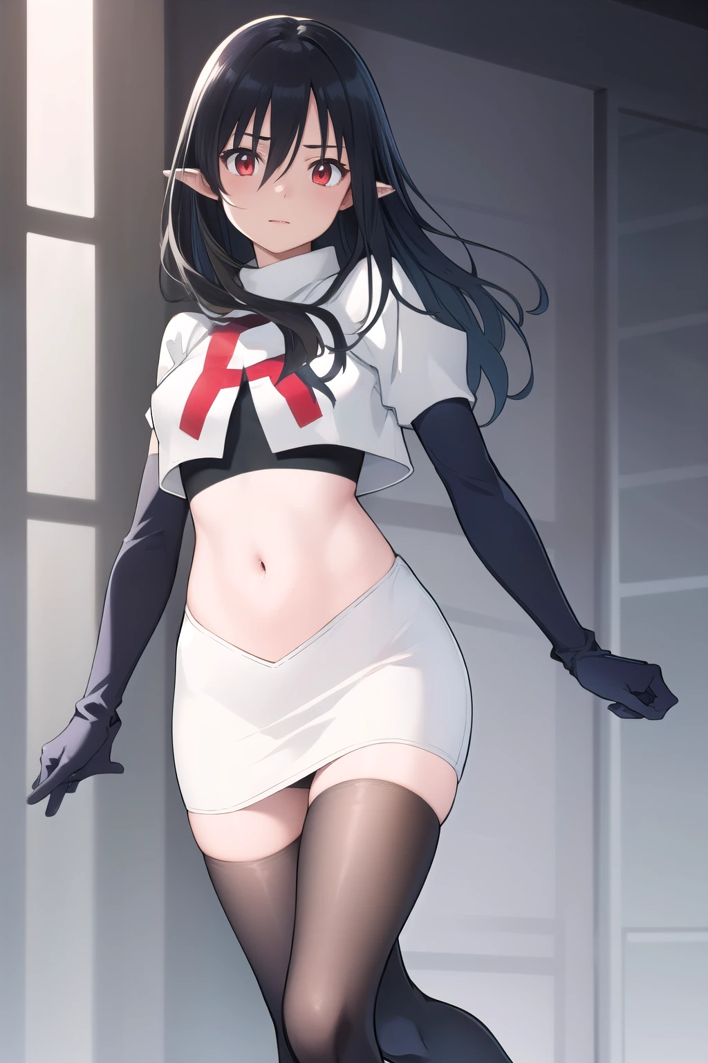 ((masterpiece)),(best quality),official art,extremely detailed CG,unity 8k wallpaper,ultra detailed,1girl,solo,black_hair,pointy_ears,long_hair,red_eyes,looking_at_viewer,bangs,hair_between_eyes,team rocket,team rocket uniform,white skirt,red letter R,crop top,black thigh-highs,black elbow gloves