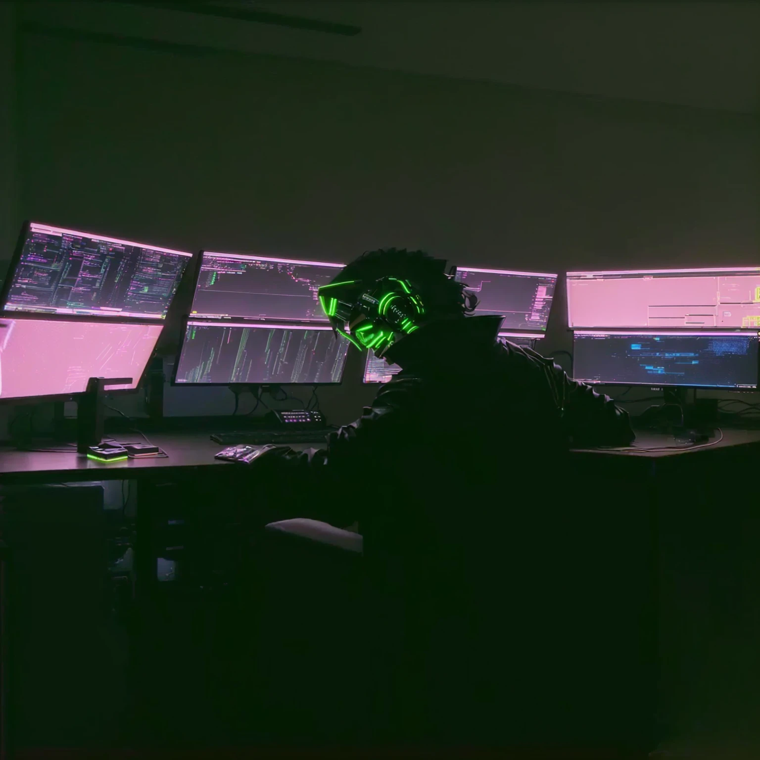 There is a man sitting at a table with three monitors, cybernetic aesthetic, aesthetic cyberpunk, cyberpunk aesthetic, in cyberpunk aesthetic, neon operator, cyberpunk vibe, cyberpunk vibes, cyberpunk))), cyberpunk aesthetics, cyberpunk hacker, cyberpunk art style, bright cyberpunk glow, in cyberpunk style, cyberblack, black light aesthetics, cyberpunk vaporwave, dark cyberpunk, cyberpunk lut