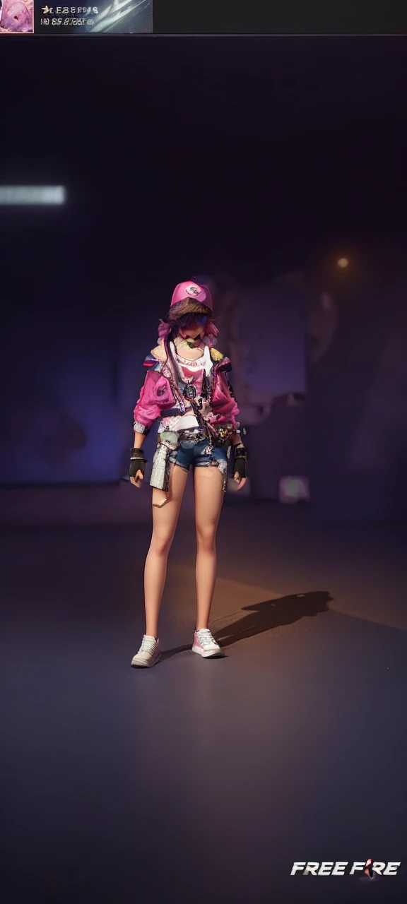 Female character in the free fire version with a pink outfit, with a kitty bag, with pink hair and cap and two Maria Chiquinha, um short jeans com uma lua, and white sneakers