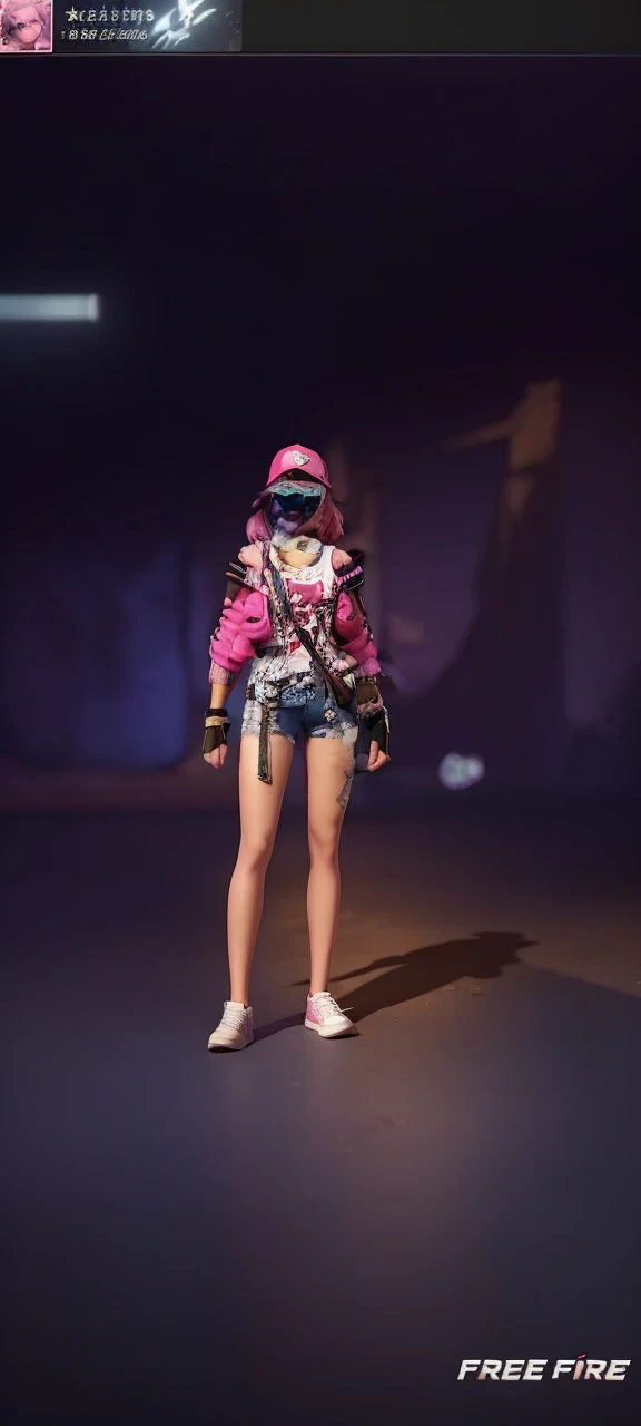 Female character in the free fire version with a pink outfit, with a kitty bag, with pink hair and cap and two Maria Chiquinha, um short jeans com uma lua, and white sneakers