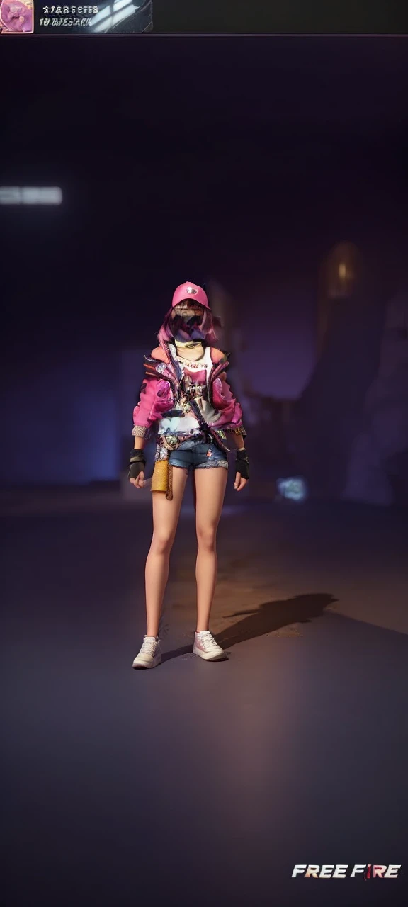 Female character in the free fire version with a pink outfit, with a kitty bag, with pink hair and cap and two Maria Chiquinha, um short jeans com uma lua, and white sneakers 