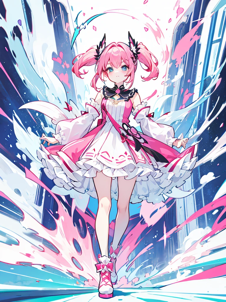 fantasy world girl with colorful hair, accessories, detailed clothes, pink hair,wearing short dress,white and red clothes, socks, black boots 💙💜🩷🖤✨