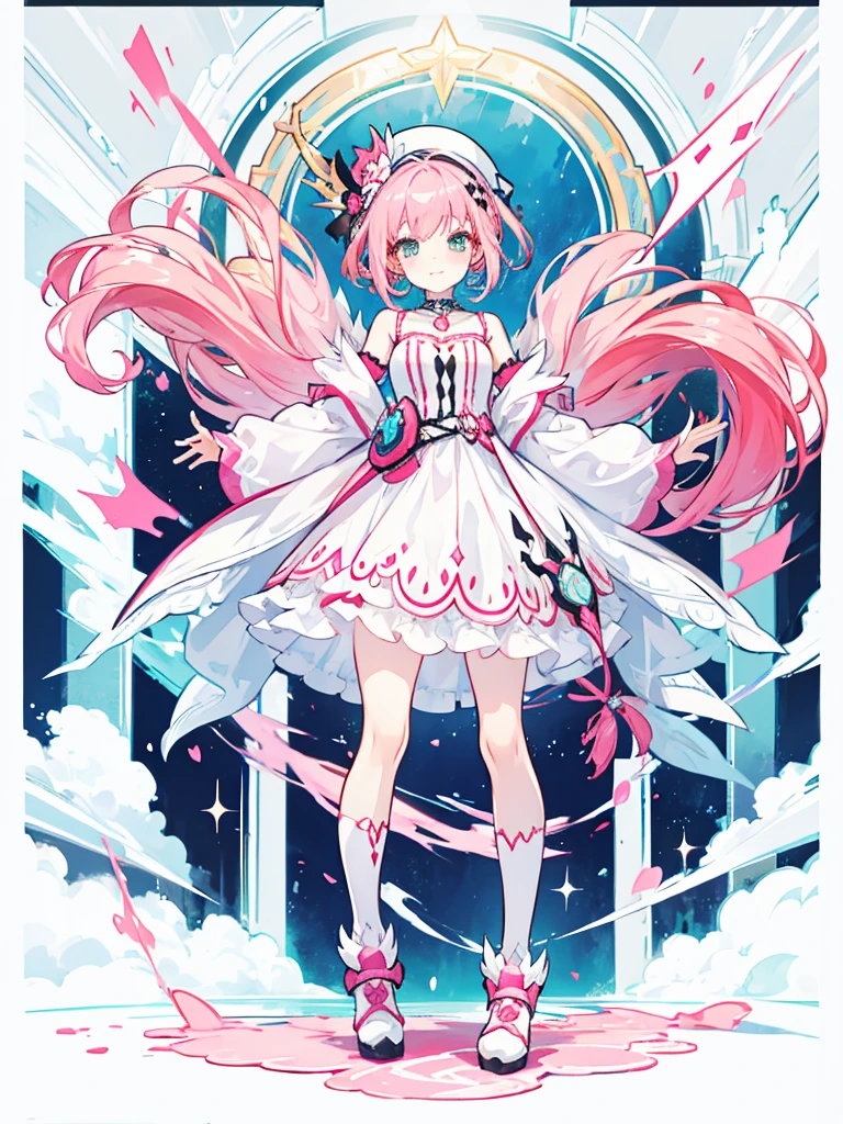 fantasy world girl with colorful hair, accessories, detailed clothes, pink hair,wearing short dress,white and red clothes, socks, black boots 💙💜🩷🖤✨