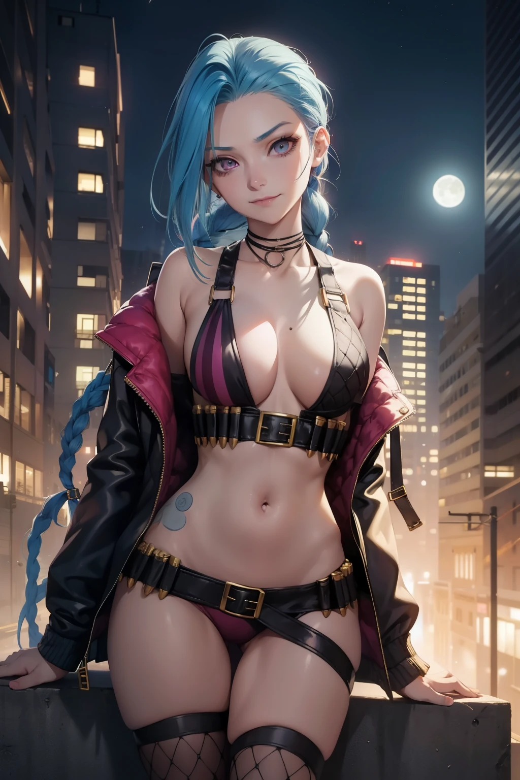 Jinx  ,1girl , anime , masterpiece  , blue hair braided  , jaqueta aberta open clothes ,jinx , smug face ,  jacket, open clothes, bra , small breasts ,pantie ,garterbelt  , long socks , belly button piercing , looking at viewer , moon  background , night  city  .