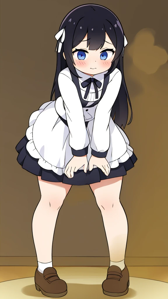 cute girl, farting, black and white, leaning forward, standing, leaning towards camera, front view, 1 girl in focus