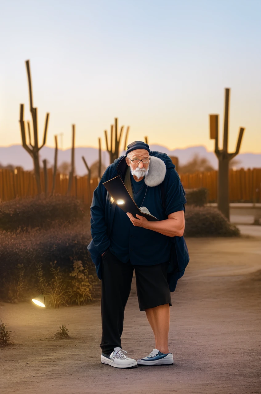 A wise old man standing in front, illuminated by the light of a lamp, against the backdrop of a library