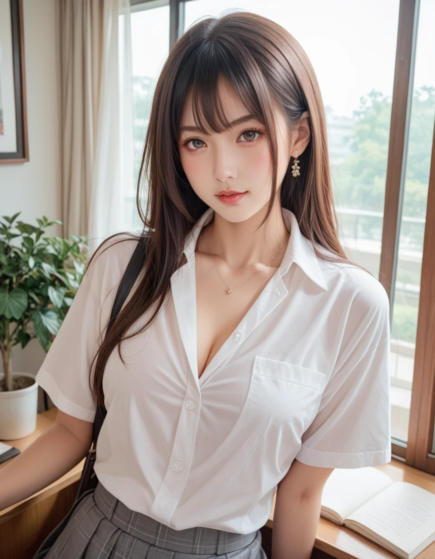 masterpiece, One beautiful girl, Detailed eyes, Swollen eyes, Highest quality, 超High resolution, (reality: 1.4), Original photo, One girl, Cinema Lighting, Japanese, Asian Beauty, Korean, Very very beautiful, Beautiful skins, thin, Front facing body, (超reality的な), (High resolution), (8k yen), (Very detailed), (Best illustrations), (Beautiful and detailed eyes), (Ultra-detailed), Detailed face, Looking at the audience, Look straight ahead, Neat Clothing, No sleeve、Put your hair up、Black-haired、Large Breasts、46 point diagonal bangs、White background、Clean room、(Stewardess uniform、In-flight、pantyhose、Laughter、chest sticks out、The blouse is very tight、Her breasts are large and her blouse is stretched、The buttons on my blouse are about to fly off