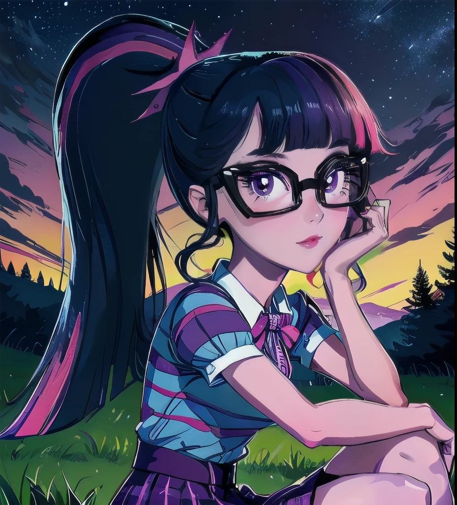 Twilight Sparkle, twilight Sparkle from my little pony, twilight Sparkle in the form of a girl,striped shirt, purple skirt, pink neck bow, glasses, ponytail, sitting under a tree staring at the stars, purple sunset. ((величественный фон 1.5))