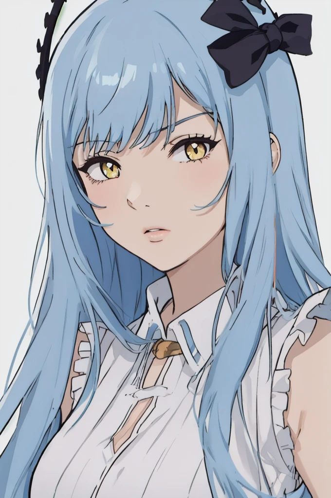 anime style, 1girl, light blue hair, long hair, yellow eyes, troubled expression, white sleeveless dress, light purple sleeves, lips,, portrait,, white background
