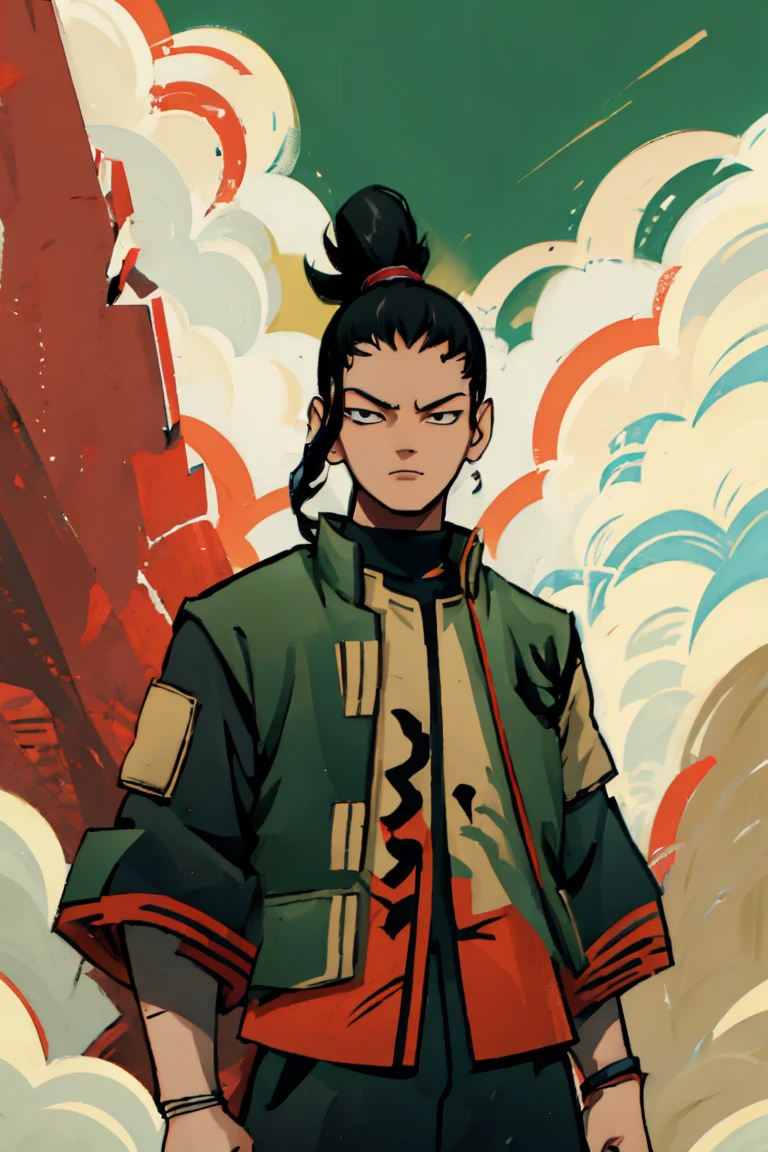 Shikamaru with a samurai clothing preferably with colors like red, black and white details, that your hairstyle be tied hair if possible braids, let everything have a 2d animated scott pilgrim style, and also lastly be super detailed despite being animated