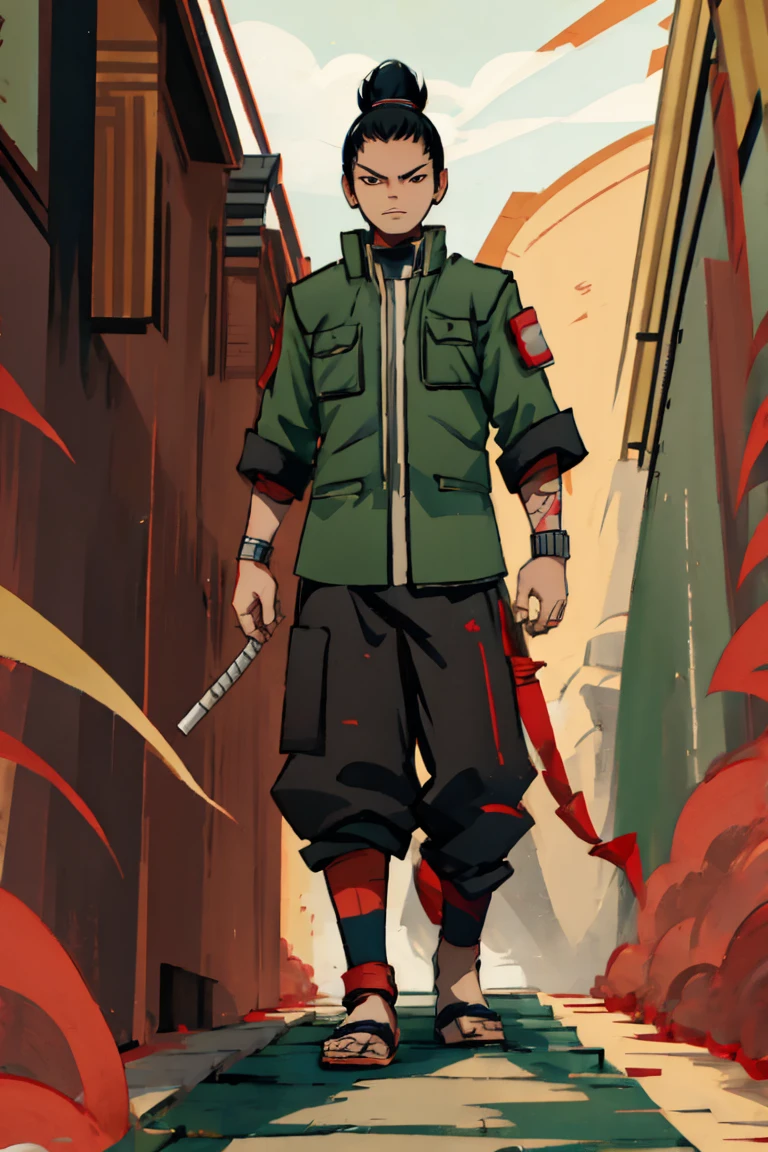 Shikamaru with a samurai clothing preferably with colors like red, black and white details, that your hairstyle be tied hair if possible braids, let everything have a 2d animated scott pilgrim style, and also lastly be super detailed despite being animated