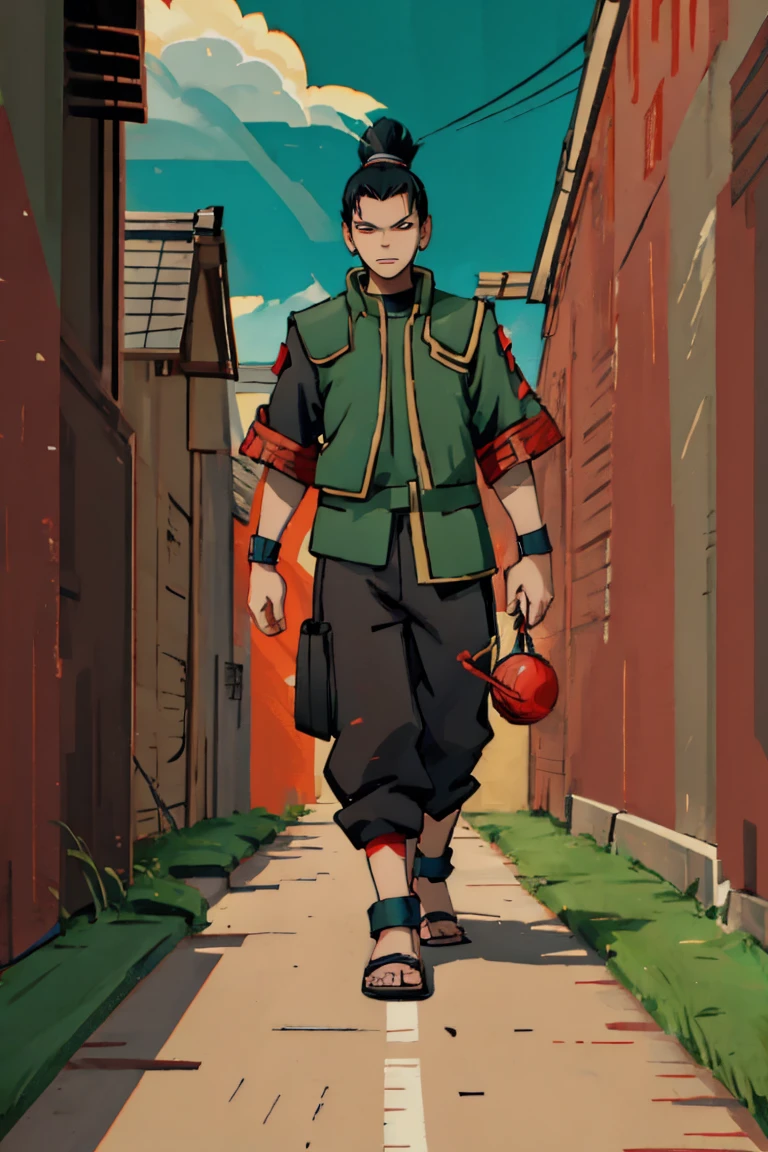 Shikamaru with a samurai clothing preferably with colors like red, black and white details, that your hairstyle be tied hair if possible braids, let everything have a 2d animated scott pilgrim style, and also lastly be super detailed despite being animated