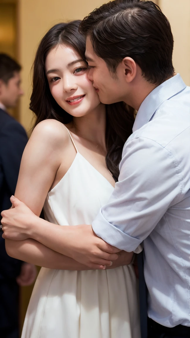 highest quality、4K quality、Young woman being embraced by a man、Small face、18-year-old、slender、The man puts his hands inside the woman&#39;s clothes and grabs her breasts、Open-chested kimono、Laughing with your mouth open（1.3）、Model-like exposed legs、A man splashes bodily fluids on me