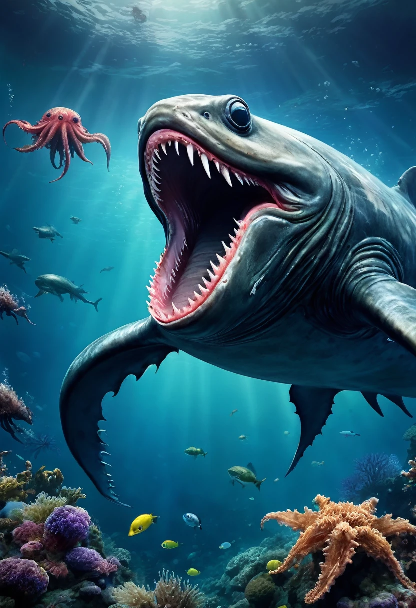 Unidentified creatures of the deep sea。scared。huge。feel ill。The background is realistic。