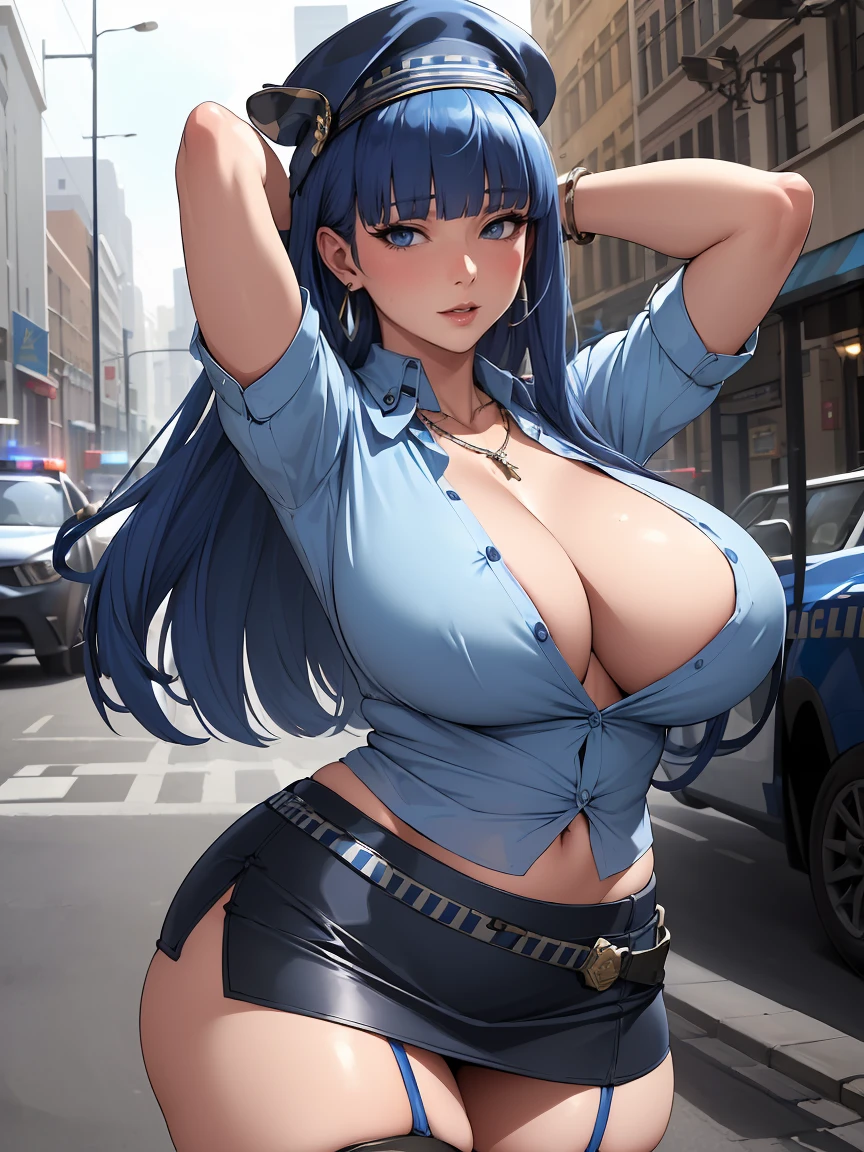 (((absurdres))), (((masterpiece))), (((best quality))), ((ultra-detailed)), ultra high quality, realistic, (real picture, intricate details, depth of field), ((((1girl, solo)))), make up, parted lips, highly-detailed, perfect face, (((mature woman, milf))), (huge breasts, thick thighs, wide hips, attractive waist), (skindentation), tall, glossy lips, ((toned abdomen)), sexy, blushing, ((blue hair, blunt bangs, very long hair)), ((beautiful blue eyes)), ((necklace, earrings, hair accessories, hair ornaments, scrunchie, bracelet)), ((((police woman, police hat, blue button shirt, miniskirt, stockings)))), alluring smile, ((outdoors, city)), (((cowboy shot, erotic pose, arms above head))), cleavage, ((condom wrappers)),