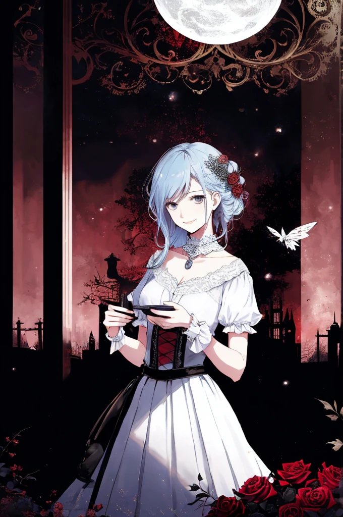  ((best quality)), ((masterpiece)), (detailed), 1girl, Character design, female, dynamic poses, long blue hair, grey white eyes, very skinny, detailed, best quality, no accesoires around the neck, prominent collarbones, skinny arms, upper body, blank white background, plain background, white background, ((red and white clothing)), Bloodborne inspired, occult aesthetic, occult, detailed and intricate steampunk and detailed gothic, Very dramatic and cinematic lighting, cosmic horror, grim-dark, side-lighting, perfect face,  Fluttering lace flared long knee length dress with frilly petticoats, knee length dress, pleated petticoats, petticoats gothic, complex lace boots, side-lighting, gothic aesthetic, wielding a mighty sword with mechanical components, mandalas, small breasts, a fairy, various different types of insect wings,upper body, upper body, white holy clothes,white holy clothes,((evil smile)),blue hair,