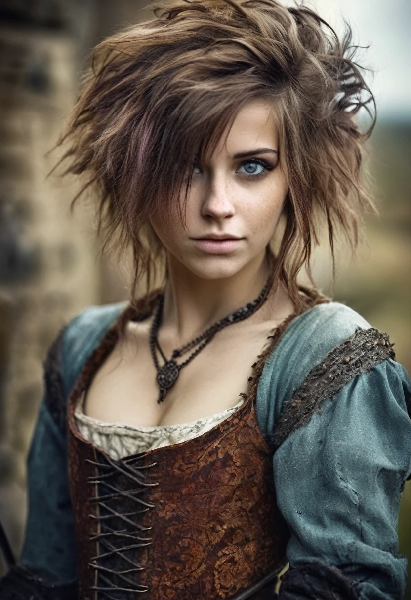 photorealistic, cute woman with messy hair and poor tattered clothes, beautiful sexy, (detailed medieval background), ultra sharp focus, detailed face, (((posing))),  random hair color, short hair, pretty eyes, whole body, High quality analog color photography.,  depth of field, film grain 
