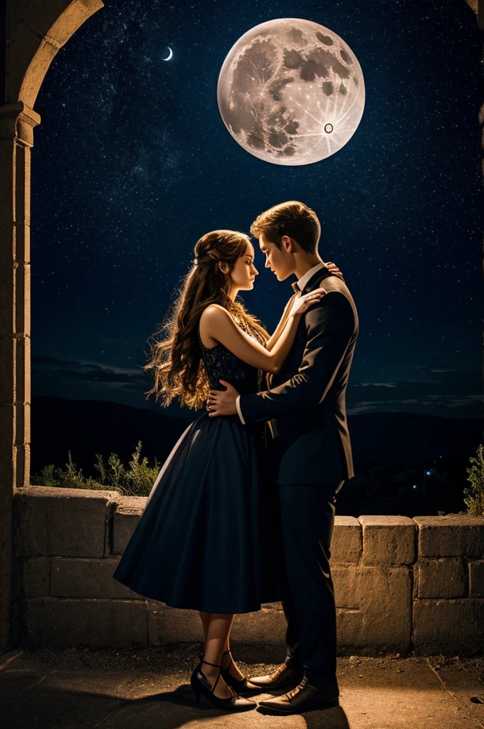A image of star crossed lovers, each at different ends of a wall of full moon night and the image must be ratio of 9:16 ratio