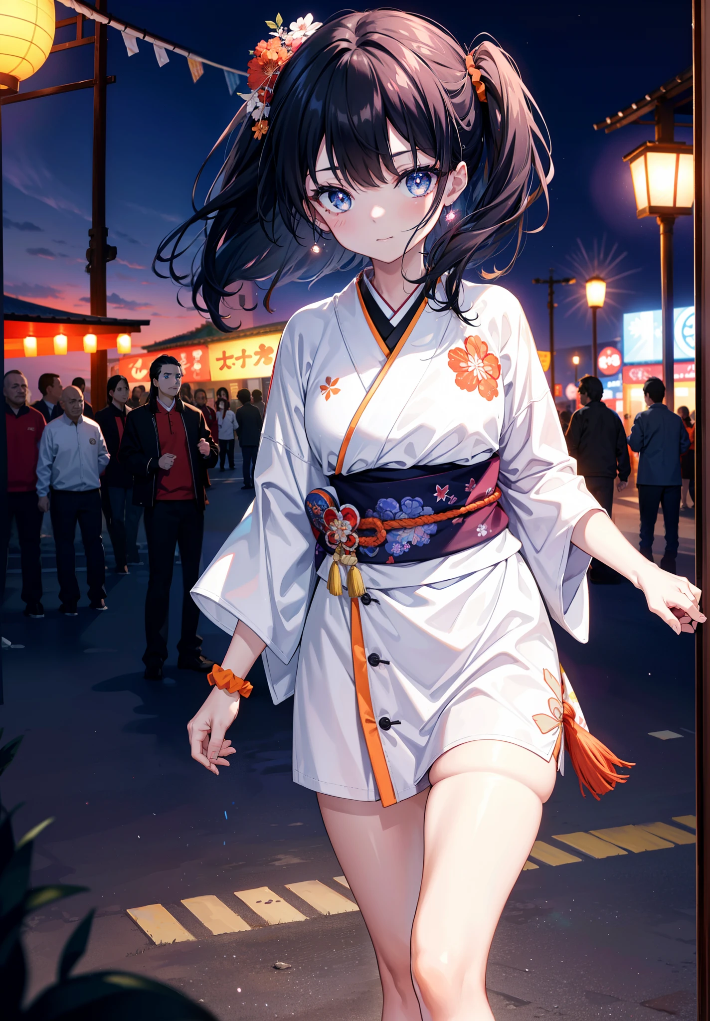 Takada Rokka, Black Hair, blue eyes, Long Hair, orange Scrunchie, Scrunchie, wrist Scrunchie, single hair band,White Kimono,Thick sleeves,Sandals,日本のfestival,夏festivalの屋台,Red lantern,happy smile, smile, Open your mouth,Fireworks,The place is a fireworks display、Time is night,Walking,whole bodyがイラストに入るように,
break outdoors, festival,
break looking at viewer, whole body,(Cowboy Shot:1. 5),
break (masterpiece:1.2), Highest quality, High resolution, unity 8k wallpaper, (shape:0.8), (Fine and beautiful eyes:1.6), Highly detailed face, Perfect lighting, Highly detailed CG, (Perfect hands, Perfect Anatomy),