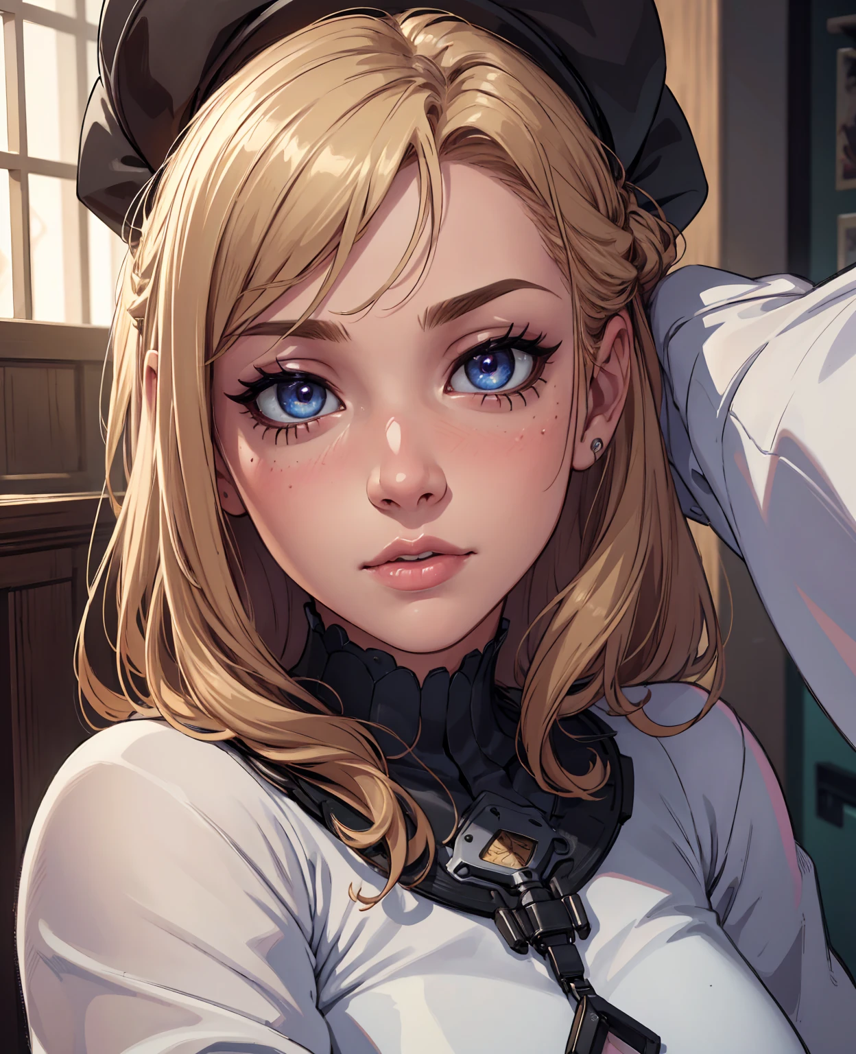 8K, Best Quality, Masterpiece, Ultra High Resolution, (Realism: 1.4), Original Photo, (Realistic Skin Texture: 1.3), (Film Grain: 1.3), (Selfie Angle), 1 Girl, Beautiful Eyes and Face Details, Masterpiece, Best Quality, Close-up, Upper Body, Looking at the Viewer