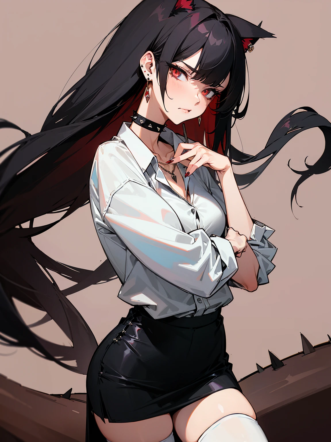 ((Long Straight Black hair)), Perfect face, Choker, Punk earrings, ((Tall)), ((High Quality)), Necklace, ((Mature)), Pretty Eyes, Sharp Nails, Bangs, ((1 Girl)), Hot, ((Multiple Earrings)), 1 girl, Beautiful, Sexy, Spiky Earrings, Adult, Spiked Collar, Thin Eyelashes, Plain Background, Red Colors in Background, Cat Girl, Long Tail, Large Tail, Massive Tail, Black Tail, ((Black Goth Mini Skirt)), ((White Shirt)), Close Up, Very Short Mini Skirt, Tall, Long Legs, Sexy Thigh Highs, ((Very Disgusted)), Angry,