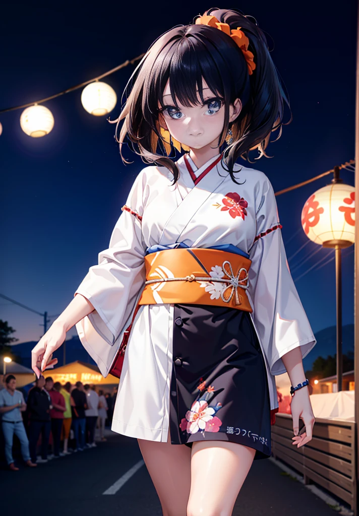 Takada Rokka, Black Hair, blue eyes, Long Hair, orange Scrunchie, Scrunchie, wrist Scrunchie, single hair band,White Kimono,Thick sleeves,Sandals,日本のfestival,夏festivalの屋台,Red lantern,happy smile, smile, Open your mouth,Fireworks,The place is a fireworks display、Time is night,Walking,whole bodyがイラストに入るように,
break outdoors, festival,
break looking at viewer, whole body,(Cowboy Shot:1. 5),
break (masterpiece:1.2), Highest quality, High resolution, unity 8k wallpaper, (shape:0.8), (Fine and beautiful eyes:1.6), Highly detailed face, Perfect lighting, Highly detailed CG, (Perfect hands, Perfect Anatomy),