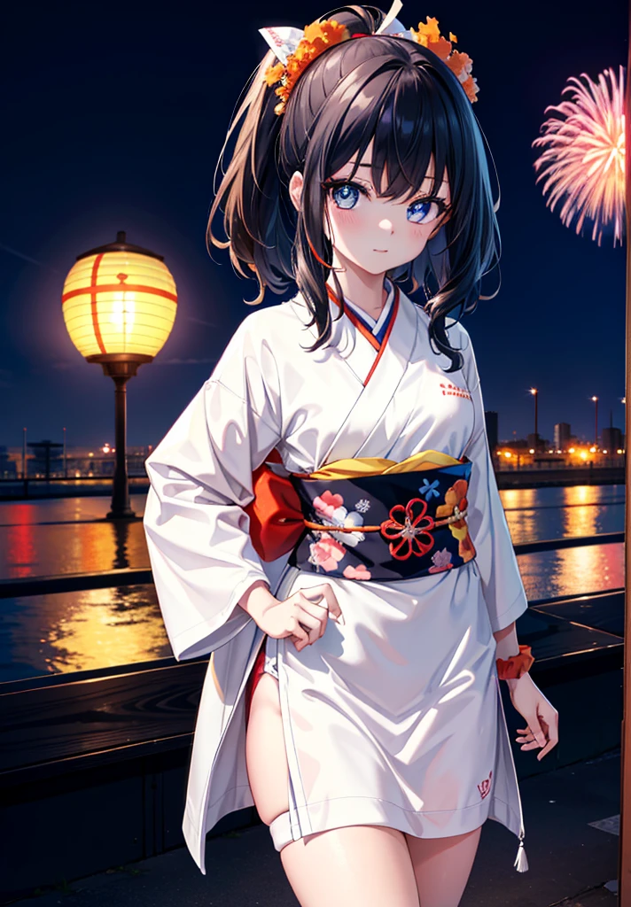 Takada Rokka, Black Hair, blue eyes, Long Hair, orange Scrunchie, Scrunchie, wrist Scrunchie, single hair band,White Kimono,Thick sleeves,Sandals,日本のfestival,夏festivalの屋台,Red lantern,happy smile, smile, Open your mouth,Fireworks,The place is a fireworks display、Time is night,Walking,whole bodyがイラストに入るように,
break outdoors, festival,
break looking at viewer, whole body,(Cowboy Shot:1. 5),
break (masterpiece:1.2), Highest quality, High resolution, unity 8k wallpaper, (shape:0.8), (Fine and beautiful eyes:1.6), Highly detailed face, Perfect lighting, Highly detailed CG, (Perfect hands, Perfect Anatomy),