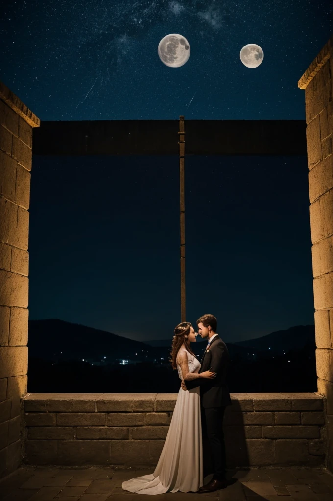 A image of star crossed lovers, each at different ends of a wall of full moon night and the image must be ratio of 9:16 ratio
