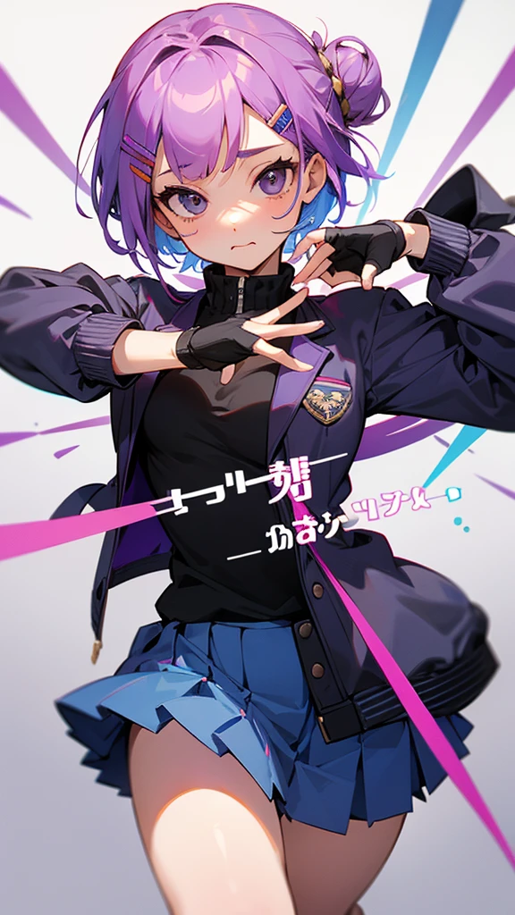 Top Quality, 8K, 4K, High Definition, Detail, (better-quality, 8K, 12), top-quality, 1 girl、purple short bob hair clip tied into a bun、black eyes、small breasts、uniform、gray jacket with pink line、blue skirt、 fingerless gloves、thighs、Ilcha fousing on her, surprise face, having her handon her face, making cute expressing face. picture pose, she is standing up, she has a loil pop in her mouth, she up close only showing her wraist and up.