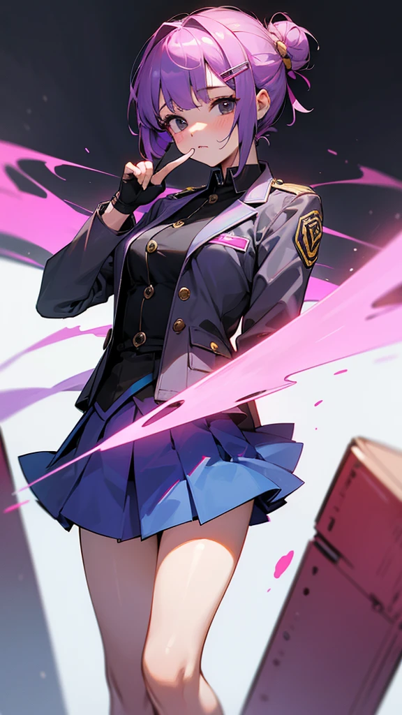 Top Quality, 8K, 4K, High Definition, Detail, (better-quality, 8K, 12), top-quality, 1 girl、purple short bob hair clip tied into a bun、black eyes、small breasts、uniform、gray jacket with pink line、blue skirt、 fingerless gloves、thighs、Ilcha fousing on her, surprise face, having her handon her face, making cute expressing face. picture pose, she is standing up, she has a loil pop in her mouth, she up close only showing her wraist and up.