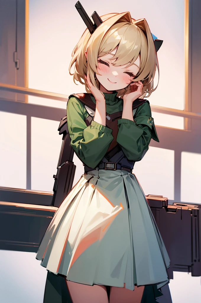 Highly detailed, High Quality, Masterpiece, beautiful, 1girl, solo, SwitchchanOutfit, (HeadpatPOV:1.5), smile, bright smile, head tilt, closed eyes, happy, blush,