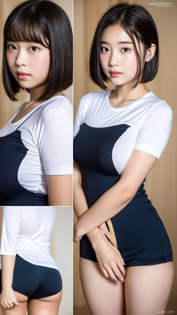 (Highest quality, 8K, masterpiece ), A -yeld jua young face、Bun hairstyle、 Short Hairstyles、The eyes are large and clear、Large Breasts、Black Hair、Glamour thighs、White tight training shirt, Highly detailed face, double eyelid, Round face:1.2、whole body、Sexy thighs、Round face:1.3、Side angle,Diagonal horizontal angle:1.2、Tight shorts、