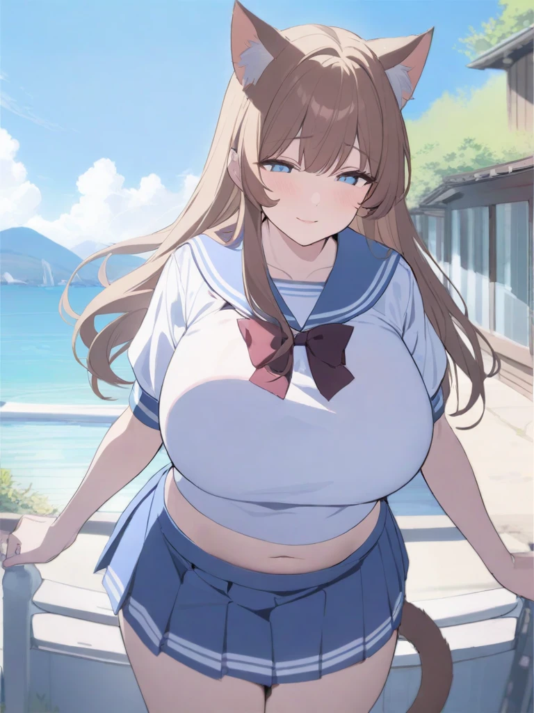 masterpiece, best quality, high quality, beautiful anime character, solo, anime girl with brown hair, soft hair, long hair, blue eyes, cat ears, huge breasts, mature female, tall female, big girl, thick, (calming face, light smile, loving eyes), outdoors, (sailor uniform, pleated skirt, ribbon), short sleeves, cat tail, navel, legs, 