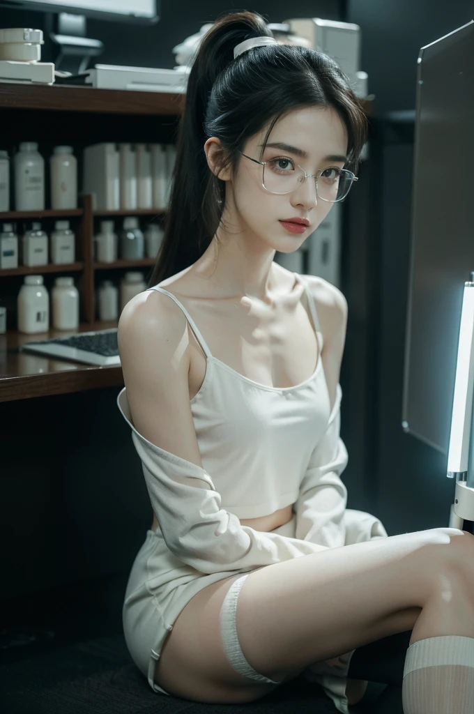 (((best quality))),(((ultra detailed))),(((masterpiece))),illustration,((1 beautiful girl,solo)),((slim,thin)),((small breasts,flat chest)),futuristic laboratory, ((stylish glasses,detailed eyes)), intelligence, white lab coat,(short ponytail:1.2), flawless skin,(laughing:1.2),(stockings:1.3), cyberpunk vibe, high-tech equipment, darkened lighting, high-altitude lamps, beakers, flasks, test tubes, computer screens, consoles, terminals, scientific wonderland, desolate surroundings, time warp, motionless, deep in concentration, profound scientific mystery, secrets of the universe, beauty, poignancy, essence of science, mystery, alluring appeal, captivating, enchanting