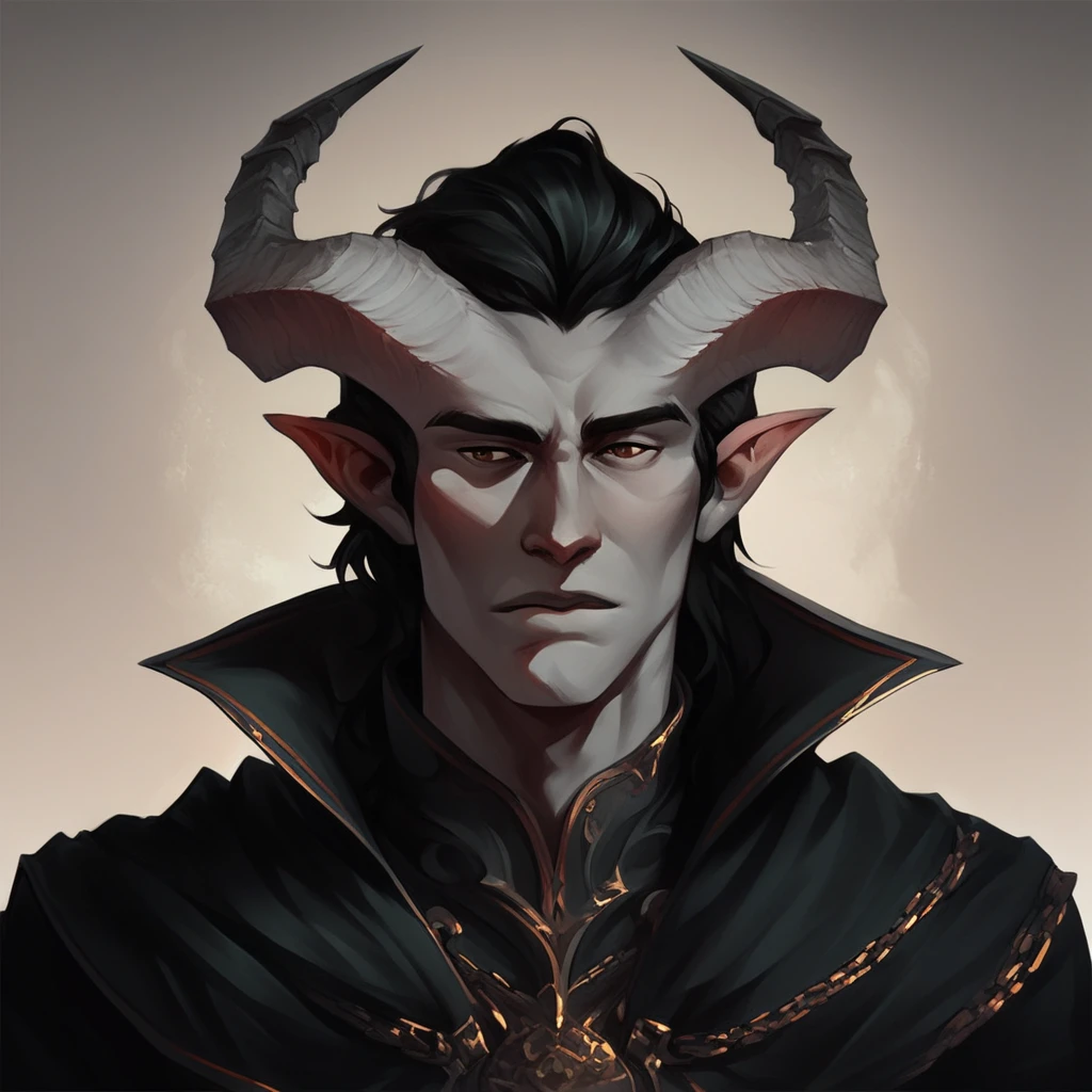 (((beautiful, high quality))), portrait, score_9, score_8_up, score_7_up, Tiefling, pointed ears, horns, 1boy, gray skin, black hair, brown eyes, black cape, fantasy background, (((comely, high qualiy))), portraite, armors, Fantasy Background