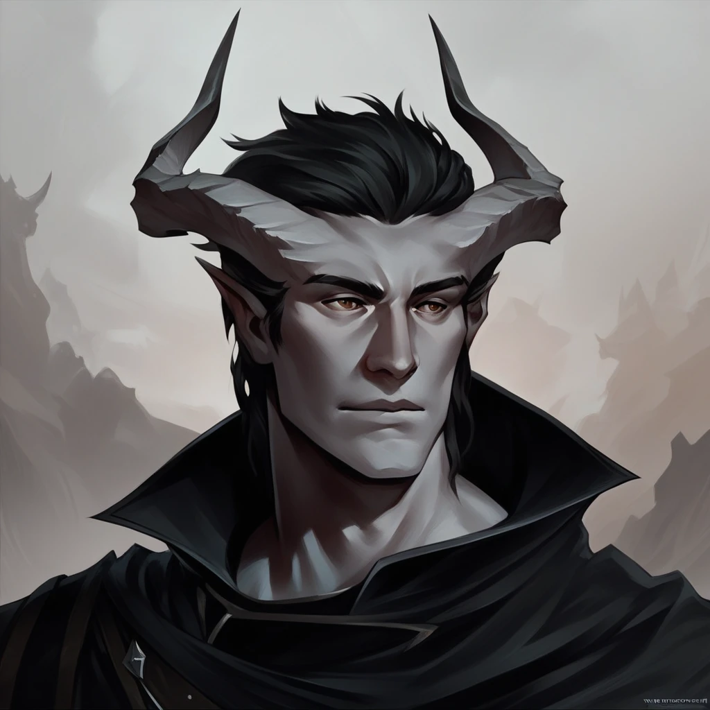 (((beautiful, high quality))), portrait, score_9, score_8_up, score_7_up, Tiefling, pointed ears, horns, 1boy, gray skin, black hair, brown eyes, black cape, fantasy background, (((comely, high qualiy))), portraite, armors, Fantasy Background