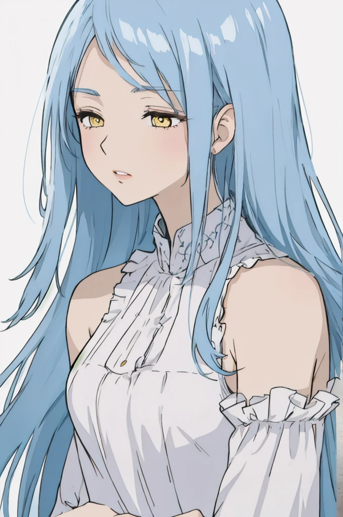 anime style, 1girl, light blue hair, long hair, yellow eyes, troubled expression, closed eyes, sad eyebrows, white sleeveless dress, light purple sleeves, lips,, portrait,, white background