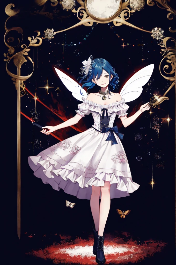((best quality)), ((masterpiece)), (detailed), 1girl, Character design, female, dynamic poses, long blue hair, grey white eyes, very skinny, detailed, best quality, no accesoires around the neck, prominent collarbones, skinny arms, full body, blank white background, plain background, white background, ((red and white clothing)), Bloodborne inspired, occult aesthetic, occult, detailed and intricate steampunk and detailed gothic, Very dramatic and cinematic lighting, cosmic horror, grim-dark, side-lighting, perfect face, Fluttering lace flared long knee length dress with frilly petticoats, knee length dress, pleated petticoats, petticoats gothic, complex lace boots, side-lighting, gothic aesthetic, wielding a mighty sword with mechanical components, mandalas, small breasts, a fairy, various different types of insect wings,full body, whole body, white holy clothes,white holy clothes,((evil smile)),blue hair,