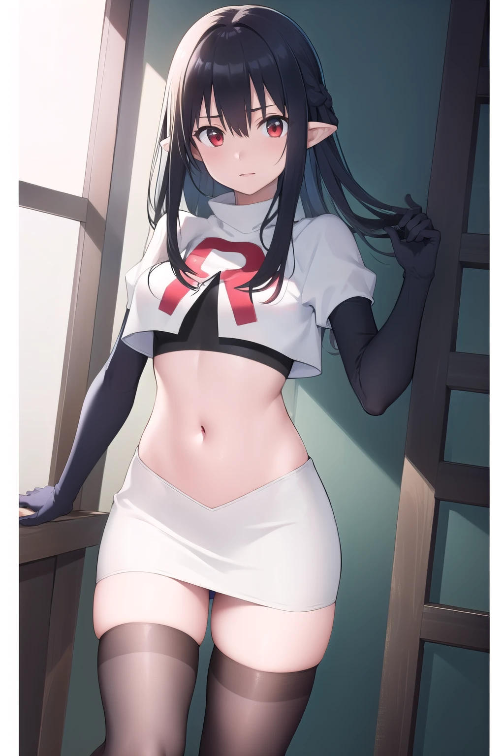 ((masterpiece)),(best quality),official art,extremely detailed CG,unity 8k wallpaper,ultra detailed,1girl,solo,black_hair,pointy_ears,long_hair,red_eyes,looking_at_viewer,bangs,hair_between_eyes,team rocket,team rocket uniform,white skirt,red letter R,crop top,black thigh-highs,black elbow gloves