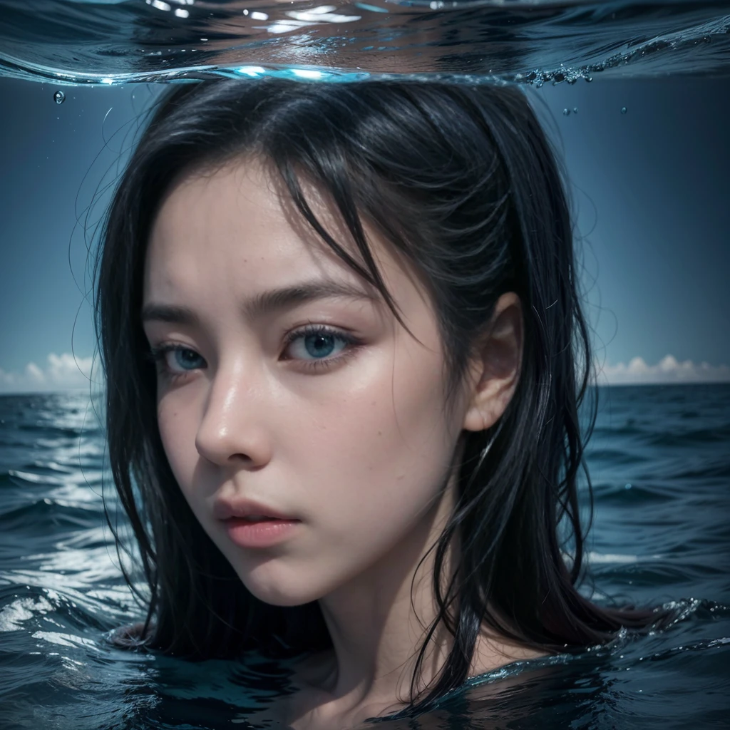 A great collapsing ocean, shades of blue, feeling of depth, choppy water. You can see a face forming