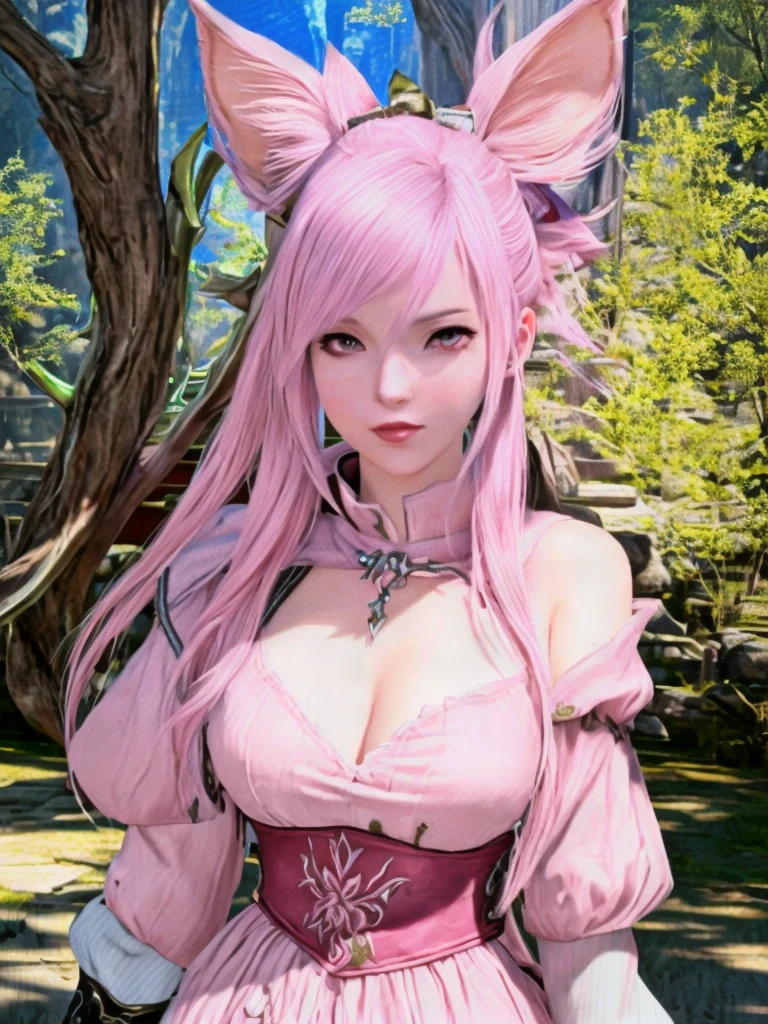 Closeup of a costumed person with pink hair, final fantasy style 14, Final Fantasy 1 4, Final Fantasy 1 4 screenshot, ffxiv cielo, Final Fantasy XIV, ffxiv, final fantasy 14 sharp, thinning pink hair, Pink hair and cyan eyes., character close up, character closeup, female character with bigger eyes and with a bow on her back you can make a very beautiful forest environment detalla su arco de atras que tenga una cara seductora podrias hacerle la cara mas bella